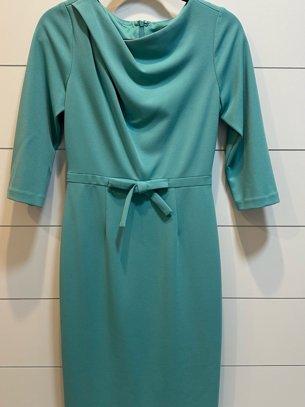 Adrianna Papell Teal Draped Neck Midi Sheath with Tie Waist Size 2